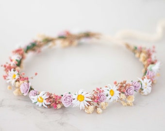 Meadow flower crown, dried flower crown for wedding, purple pink flower halo, preserved floral crown, dainty flower headband, flower girl