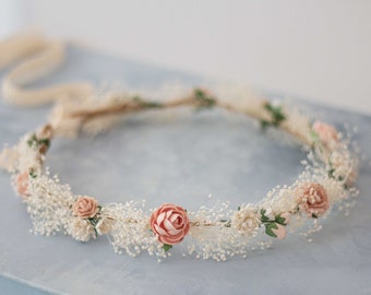 Dried baby's breath floral crown for wedding, peach blush flower halo, preserved floral crown, baby breath headband, dainty flower headband
