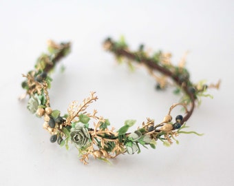 Dainty flower headband, asymmetric floral crown, green gold flower headpiece, baby shower headpiece, hair wreath woman, golden headdress