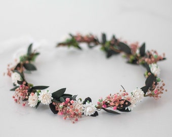 Pink white flower crown, dried flower crown for wedding, dainty flower halo, preserved floral crown, delicate flower headband, flower girl