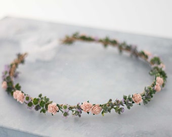 Lavender flower crown wedding, pale pink purple flower headband, dainty hair wreath, succulent floral crown, delicate flower girl halo