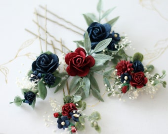 Burgundy navy blue flower hair pins for wedding, set floral hair pins, flower bobby pins, wedding hair pin, dark red bridesmaid hair pin