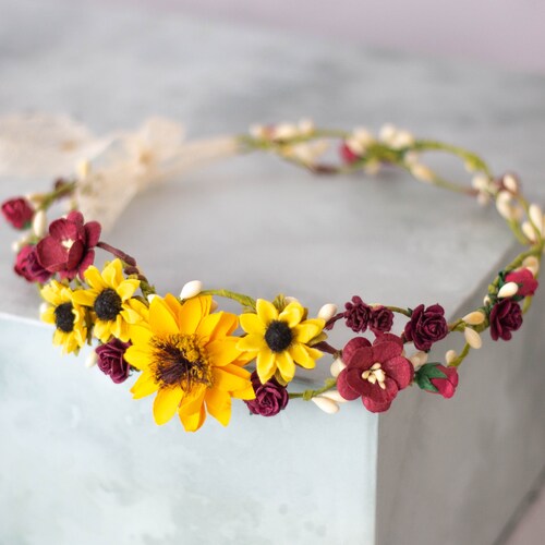 Sunflower & Wild Daisy Flower Crown Sunflower Bridal Halo Etsy