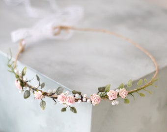 Blush pink flower crown, dainty flower crown, greenery floral crown, rustic headband, bridal flower crown wreath, delicate flower girl halo