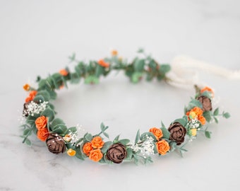 Flower crown wedding, eucalyptus flower crown, orange flower headband, fall bridal crown, bridal headpiece, flower girl halo, hair wreath