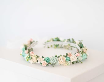 Peach turquoise flower garland, wedding crown, dainty flower headband, bohemian bride bridesmaid headpiece, flower girl halo adjustable