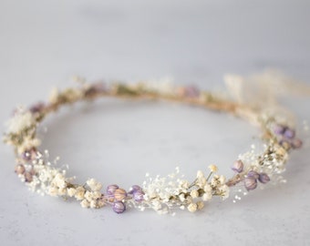 Dried flower crown for wedding, purple floral crown, baby breath headband, dainty flower headband, ivory lavender floral headband