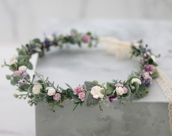 Lavender purple flower crown wedding, white purple floral wreath for bride or bridesmaids, purple flower crown, flower girl halo