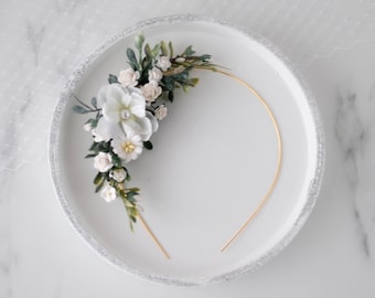 White flower headband for wedding, side floral crown for bride or bridesmaids, flower girl headpiece, eucalyptus green leaf headband