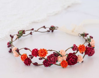 Burgundy orange flower crown wedding, simple floral crown, dainty headband, burgundy hair wreath, bridal rustic crown, fall floral crown