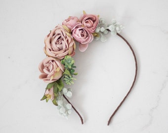 Dusty rose flower headband wedding, mauve flower crown, side floral hairpiece, bridesmaid headdress fascinator, bridal hair wreath halo