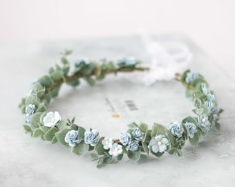 Forget me not flower crown wedding, eucalyptus leaf headband, bride bridesmaid flower girl headband, blue hair wreath maternity photoshoot