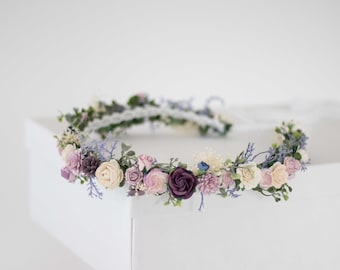 Lavender flower crown, purple flower headband, dainty floral crown, bride bridesmaid hair piece, bridal wreath, flower girl halo adjustable