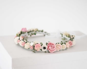 Pale pink hair wreath wedding, dainty flower crown, blush flower headband, bride bridesmaid headpiece, flower girl halo, adjustable garland