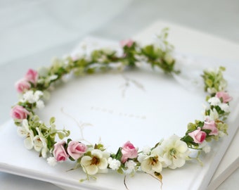 Pink white flower crown wedding, babys breath floral wreath for bride or bridesmaids, dainty flower crown, flower girl halo