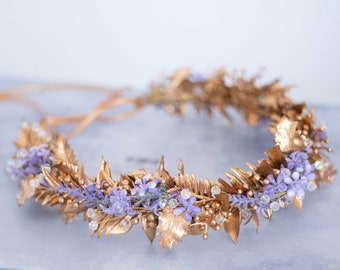 Gold flower crown, lavender headband, gold leaf hair piece, golden hair wreath, wedding headdress, golden leaves halo, bridal flower crown