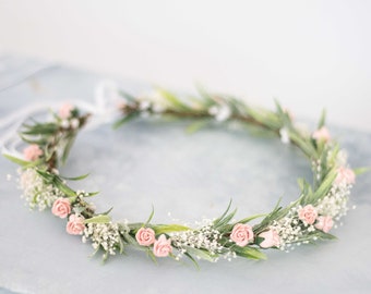 Blush flower crown wedding, dried baby's breath floral crown for wedding, bridal flower halo, babies breath headband, dainty flower headband