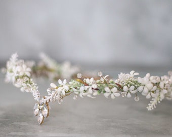 Elven tiara, white flower crown, fairy costume, wedding floral headband, crystal elven circlet, elf headpiece, flower girl halo diadem