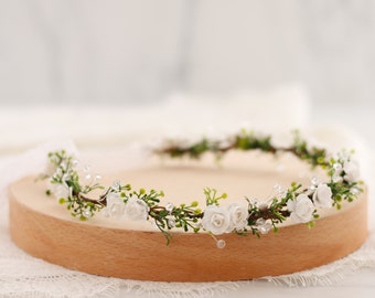 White flower crown wedding, dalicate hair wreath, dainty floral headband, bridal flower halo