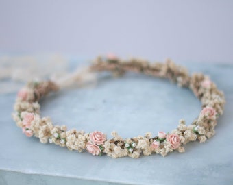 Dried baby's breath floral crown for wedding, thin flower halo, preserved floral crown, baby breath headband, dainty flower headband