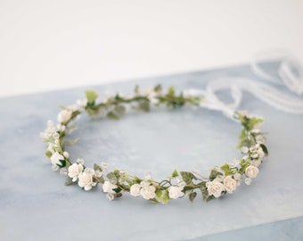 Dainty flower crown wedding, off white flower crown, simple flower headband, bride bridesmaid headpiece, flower garland, flower girl halo
