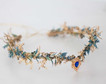 Blue gold elven crown, fairy tiara, fantasy wedding headband, elven fairy crown, royal blue elven circlet, flower girl halo, elf headpiece