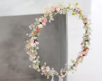 Danity flower crown wedding, fairy floral headband with crystal