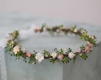 Danity flower crown wedding, blush floral headband bride