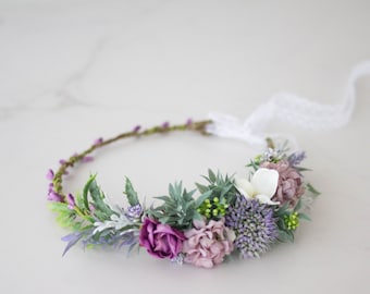 Thistle flower crown wedding, purple hair wreath, boho bride crown, floral head wreath, bridal hair wreath