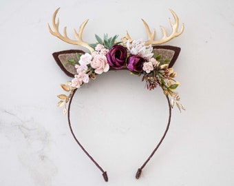 Burgundy gold deer antler headband, faun costume crown, reindeer headband with flowers, rudolf costume, flower crown cosplay, xmas headband