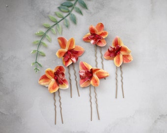 Orange orchid hair pins, flower bobby pins, hawaiian wedding hair pin, orange bridesmaid hair pin, orchid hair clip, tropical hair piece