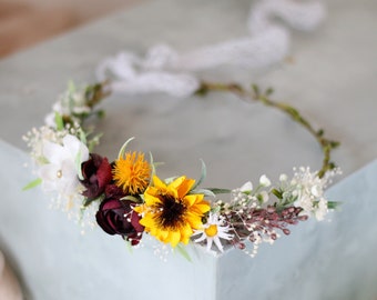 Sunflower burgundy flower crown, sunflower bridal headpiece, yellow burgundy flower crown, flower girl crown, sunflower halo