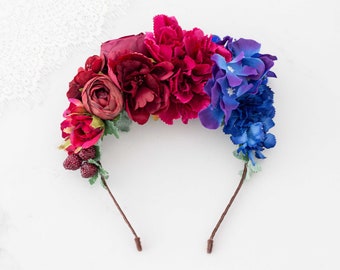 Purple burgundy flower headband, large flower headpiece, frida flower crown, mexican headpiece