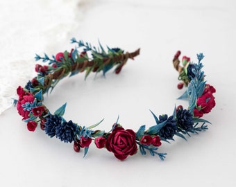 Burgundy navy blue flower headband, rustic flower crown, dark floral hairpiece, flower headdress fascinator, bridal hair wreath halo