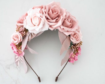 Dusty rose flower headband, wedding flower crown, bridal floral hairpiece, bohemian bridesmaid headdress fascinator, bride head piece