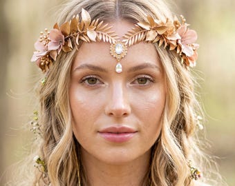 花冠 - オーク - ピンクと紫の花、金色のアクセント - 春の妖精