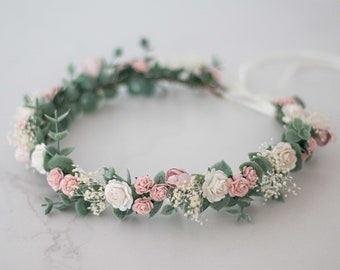 Pale pink flower crown, off white ivory babies breath floral headband, dried baby's breath head wreath, flower girl halo eucalyptus leaves