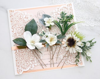 White flower hair pins, set floral hair pins, greenery bobby pins wedding, white bridal hair pin, green bridesmaid hair pin