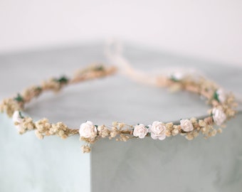 Dried baby's breath floral crown for wedding, white beige flower halo, preserved floral crown, baby breath headband, dainty flower headband