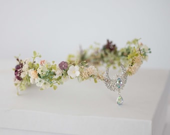 Crescent moon crown, elven circlet, meadow fairy costume, wedding floral headband, crystal elven circlet, elf headpiece, flower girl halo