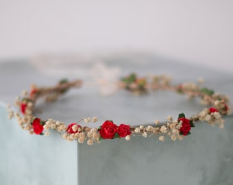 Dried baby's breath crown for wedding, red beige wreath, preserved dainty floral crown, real dried flower crown