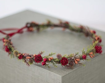 Red flower crown wedding, forest floral crown, christmas floral headband, winter flower crown