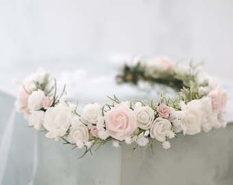 White blush flower crown wedding, pale pink floral crown, baby breath crown bridal, boho hair wreath, rustic crown maid of honor