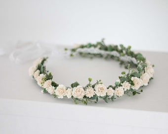 Off white flower crown wedding, dainty flower hair wreath, eucalyptus floral headband, bride bridesmaid headpiece, flower girl halo garland