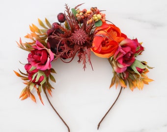 Fall flower headband, large flower headpiece, burgundy orange flower crown, autumn hair accessories