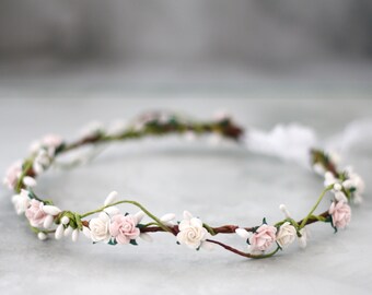 Blush white flower crown wedding, simple flower crown, dainty floral headband, boho hair wreath, bridal rustic crown, bohemian floral crown