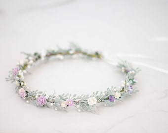 Pale purple flower crown wedding, dainty flower headband, boho bride hair wreath, lavender floral head wreath, delicate flower girl halo