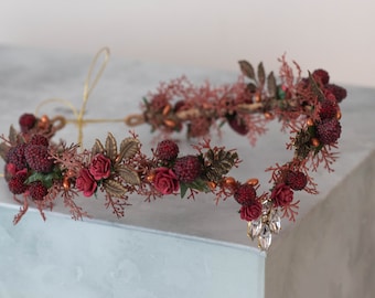 Burgundy elven crown, raspberry flower tiara, woodland fairy floral crown, elf headpiece, elvish tiara, dark red diadem with raspberries