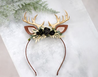 Deer headband with gold antlers, fawn deer crown, reindeer antler headband, rudolf hairband, faun costume headband, woodland headpiece
