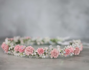 Pale pink white flower crown wedding, dainty head wreath, bridal hair accessories, thin hair crown, fine floral headpiece, flower girl halo